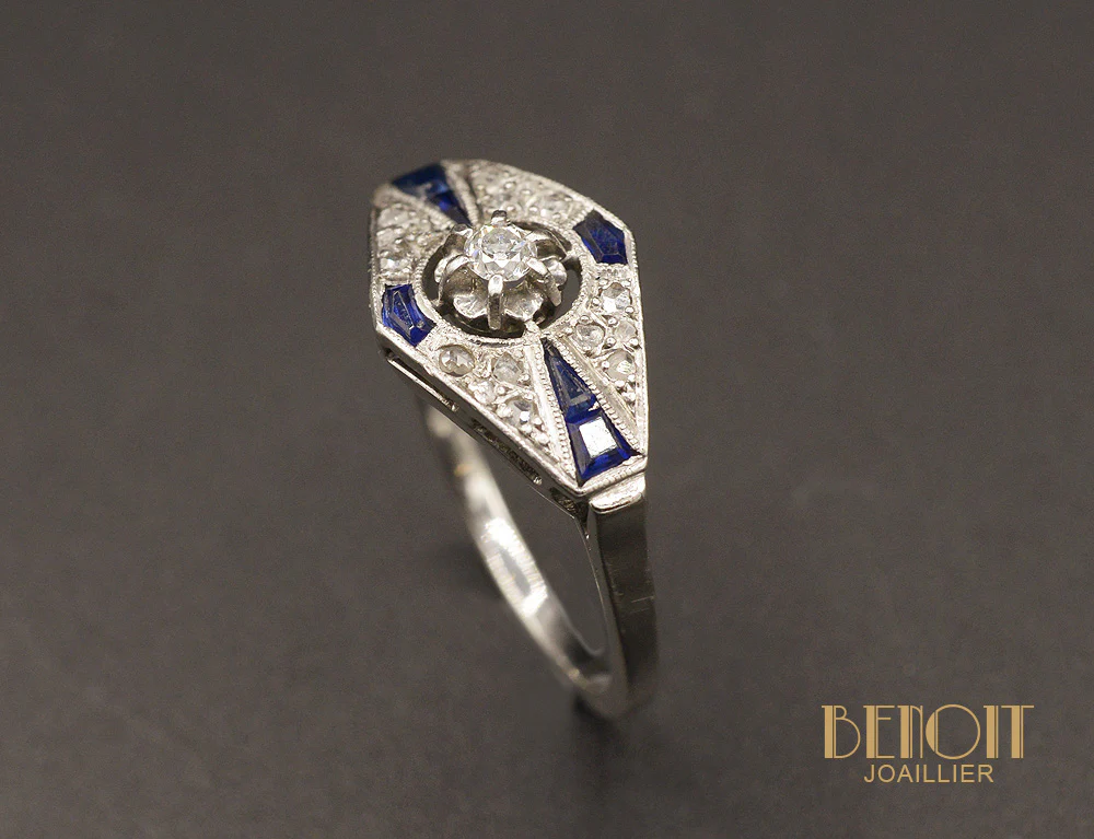 Bague Art Déco Diamants et Saphirs - Image 3