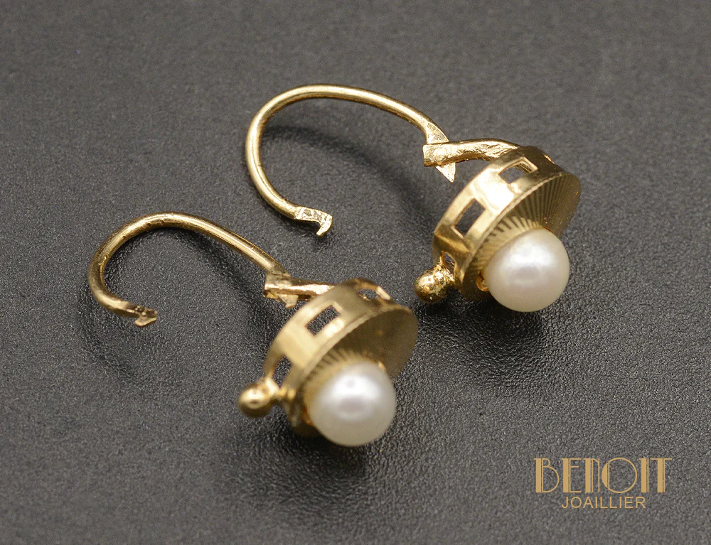 Paire de Boucles d'Oreilles Dormeuse Or Jaune et perle - Image 4