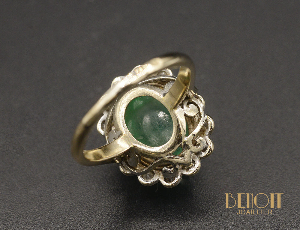 Bague Pompadour Emeraude Cabochon et Diamants - Image 4