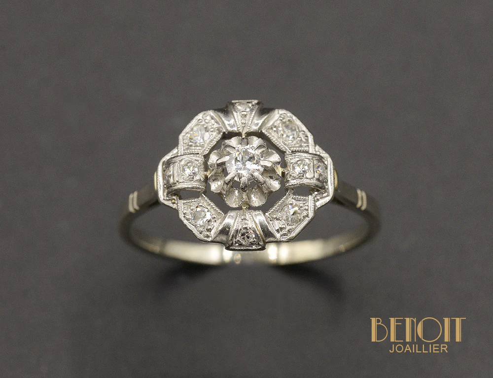 Bague Art Déco Or Blanc et Platine Diamant - Image 2