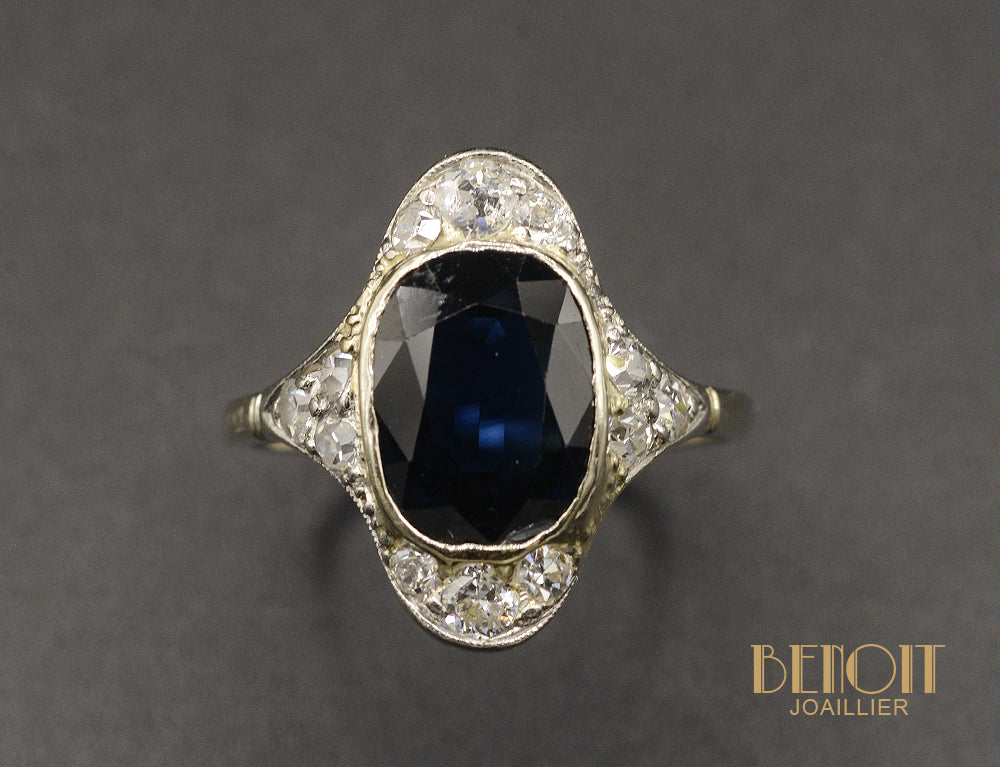 Bague Art Déco Saphir Ovale Diamants - Image 2