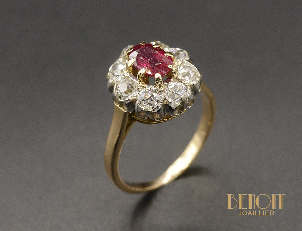 Bague Pompadour Or et Platine Rubis et Diamants