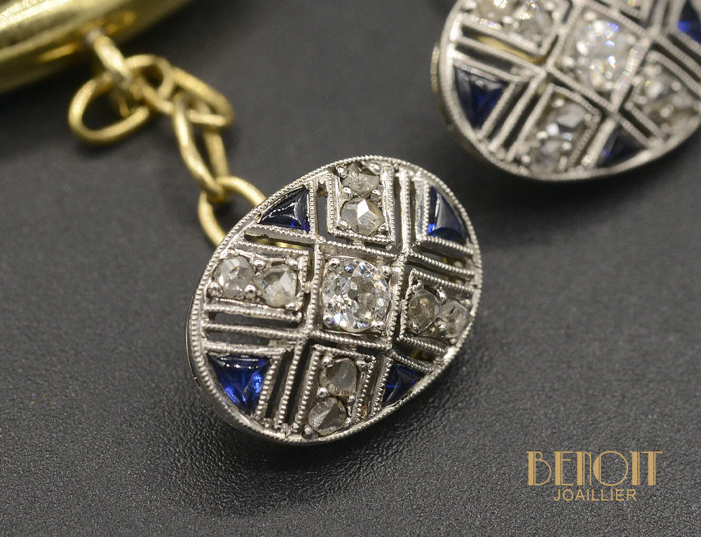 Boutons de Manchettes Art Déco Saphirs Diamants - Image 3