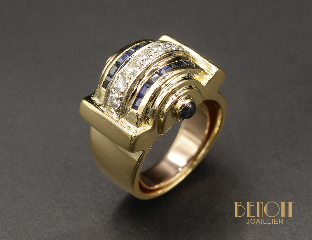 Bague Tank Diamants Saphirs Or Jaune