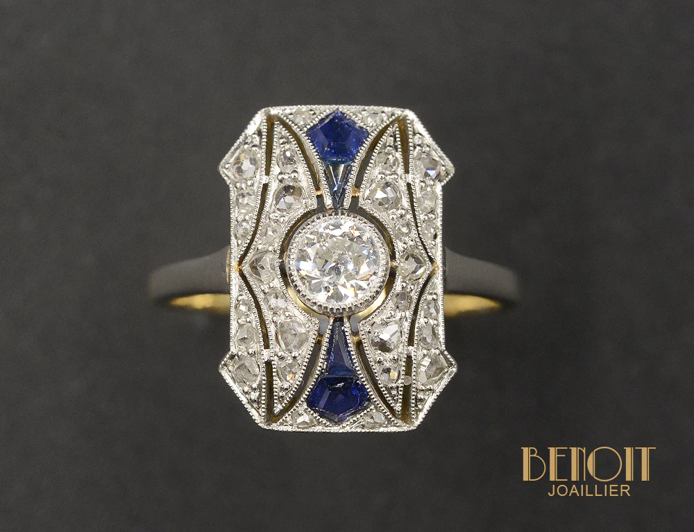 Bague Art Déco Diamants et Saphirs - Image 2