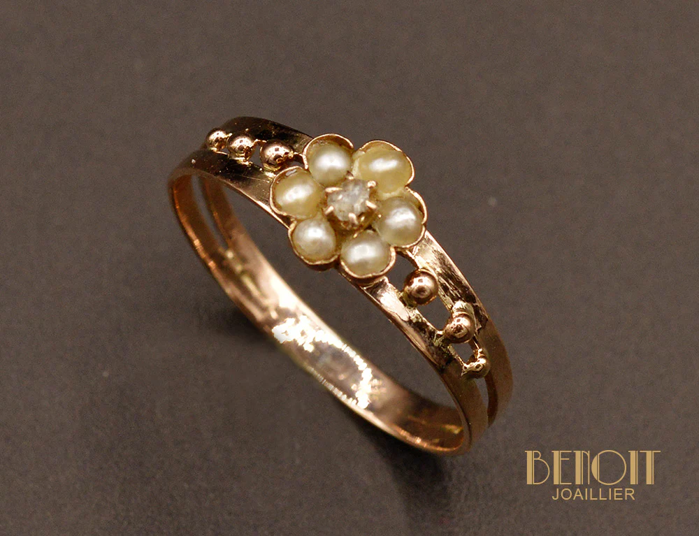 Bague Ancienne or Rose Perle Fine et Diamants - Image 3