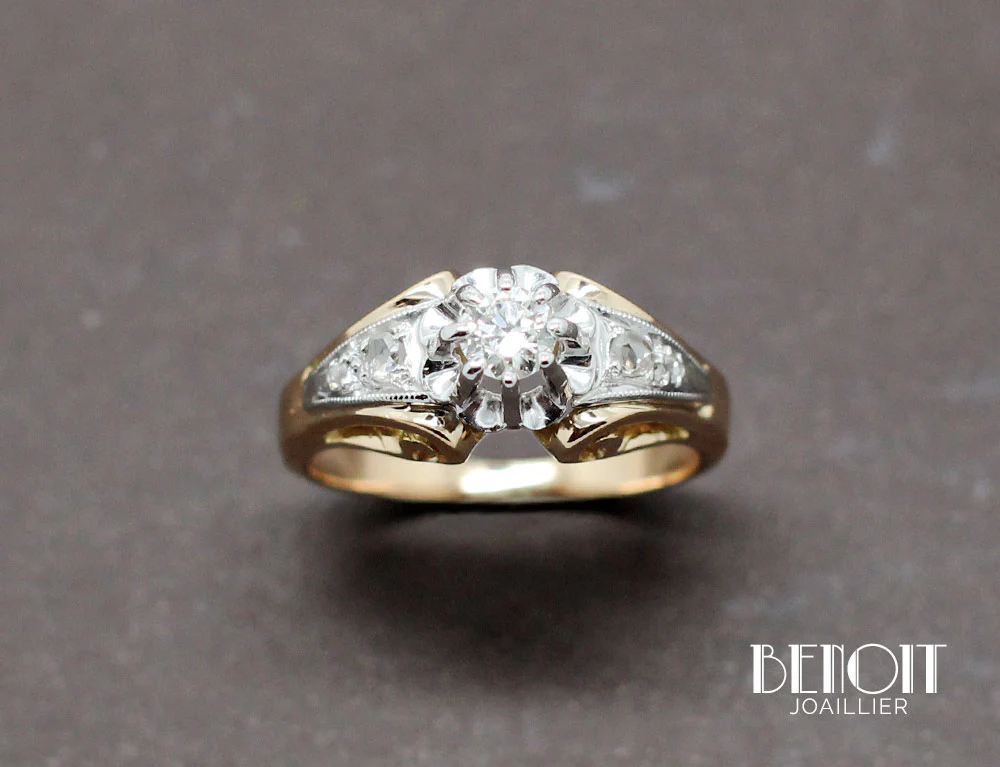 Bague 1950 Or Jaune Platine Diamants - Image 2