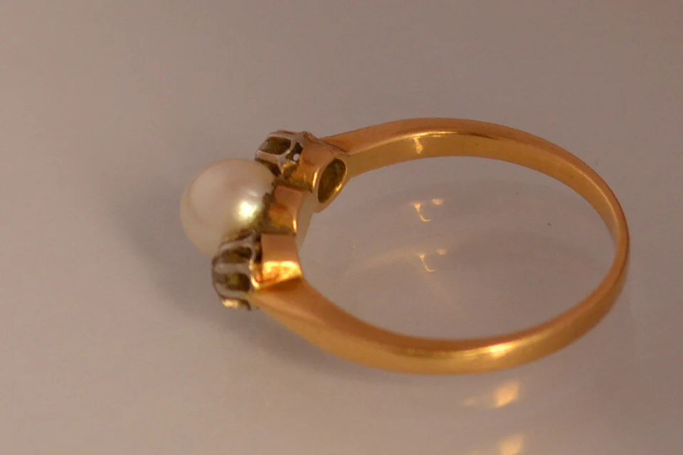 Bague ancienne perle diamant or 18 k et platine - Image 2