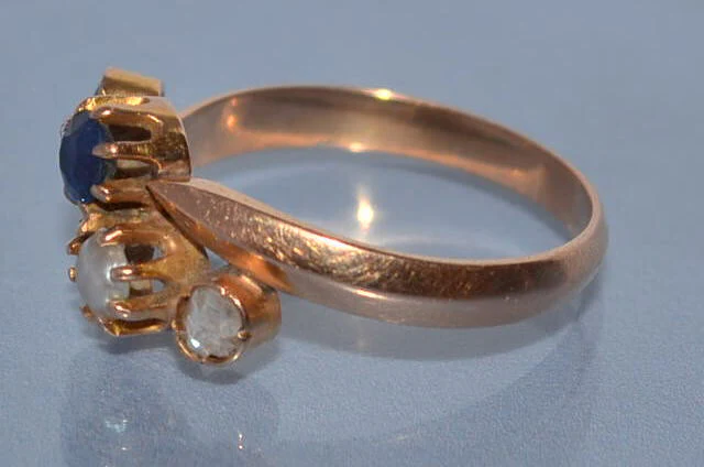 Bague ancienne saphir perle et or - Image 2