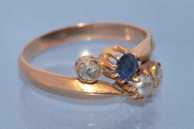 Bague ancienne saphir perle et or - Image 3