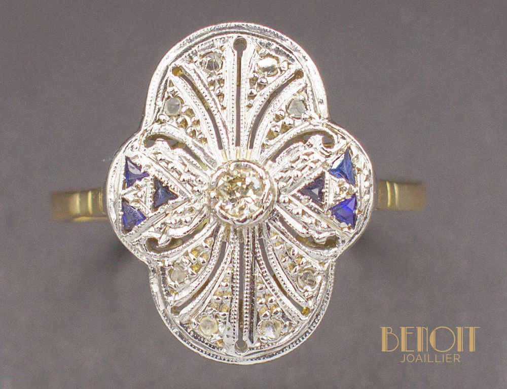 Bague Art Déco Diamant Saphirs - Image 3