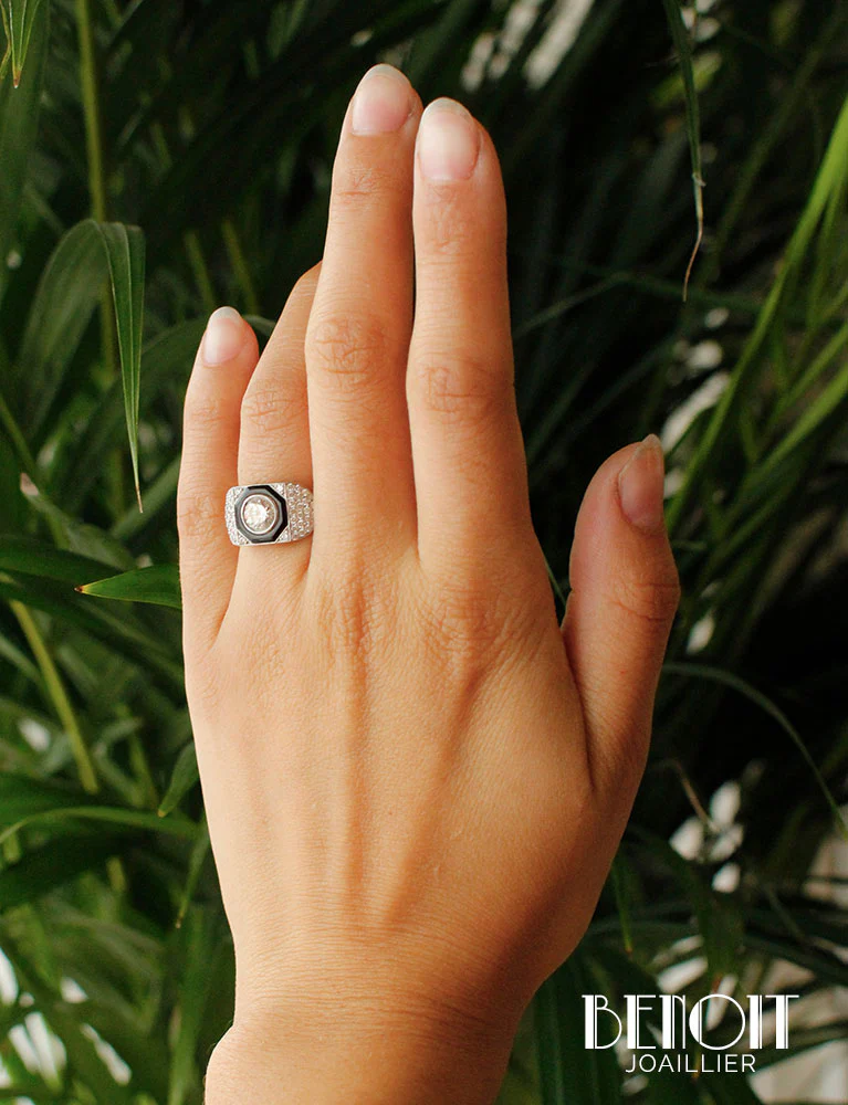 Bague Art Déco Diamants Onyx - Image 8