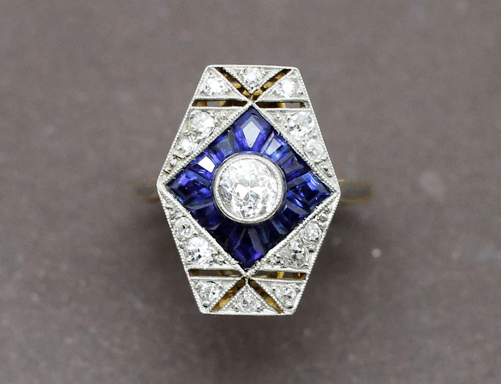 Bague Art Déco Diamants Saphir - Image 3