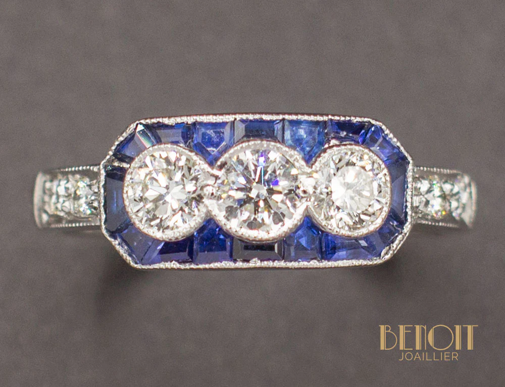 Bague Art Déco Diamants Saphirs - Image 3