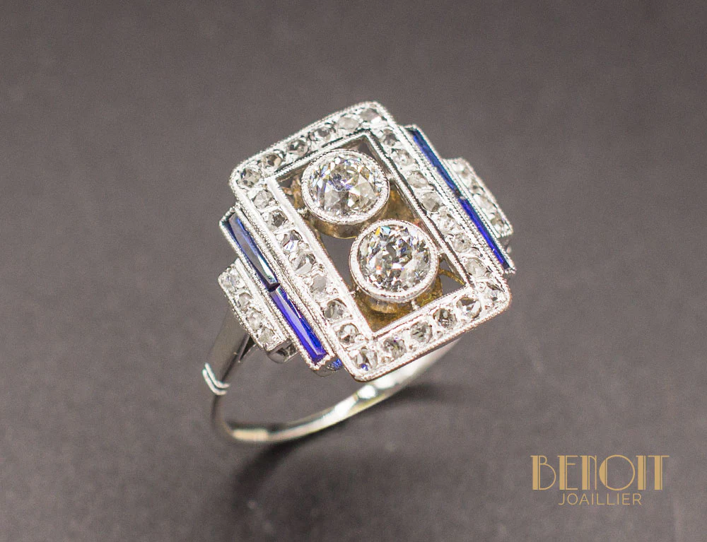 Bague Art Déco Diamants Saphirs