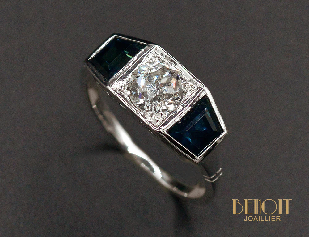 Bague Art Déco Diamants Saphirs - Image 3