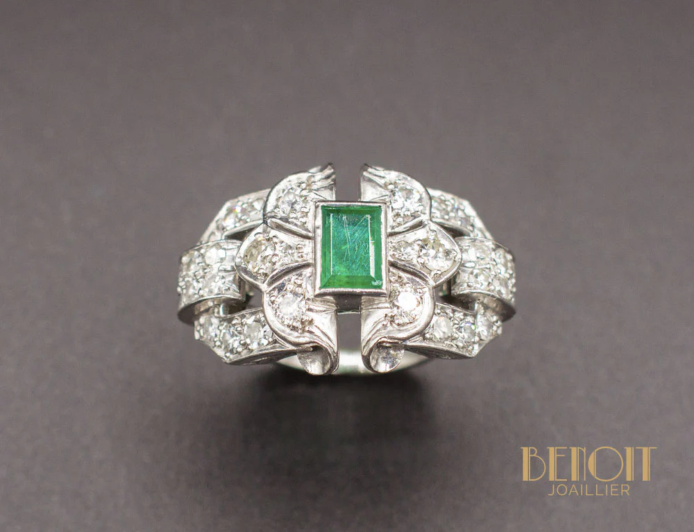 Bague Art Déco Émeraude Diamants - Image 2