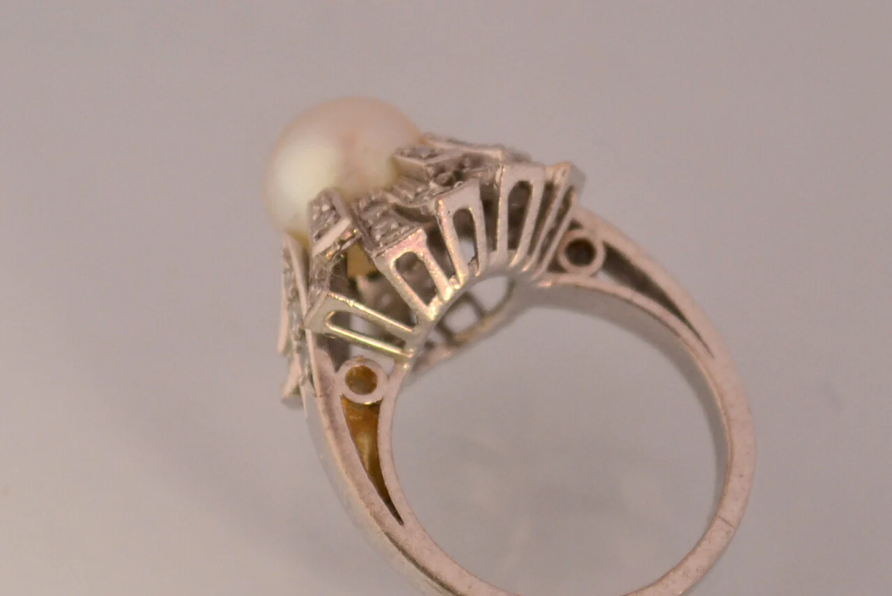 Bague art déco Perle diamants et or 18 carat - Image 2