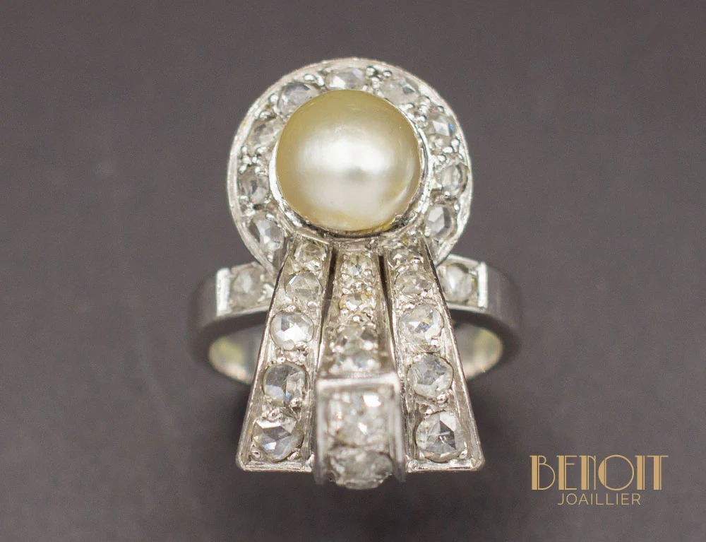 Bague Art Déco Perle Fine Diamants - Image 2