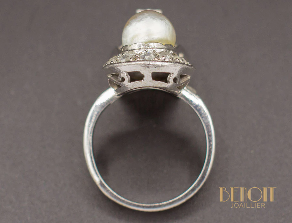 Bague Art Déco Perle Fine Diamants - Image 5