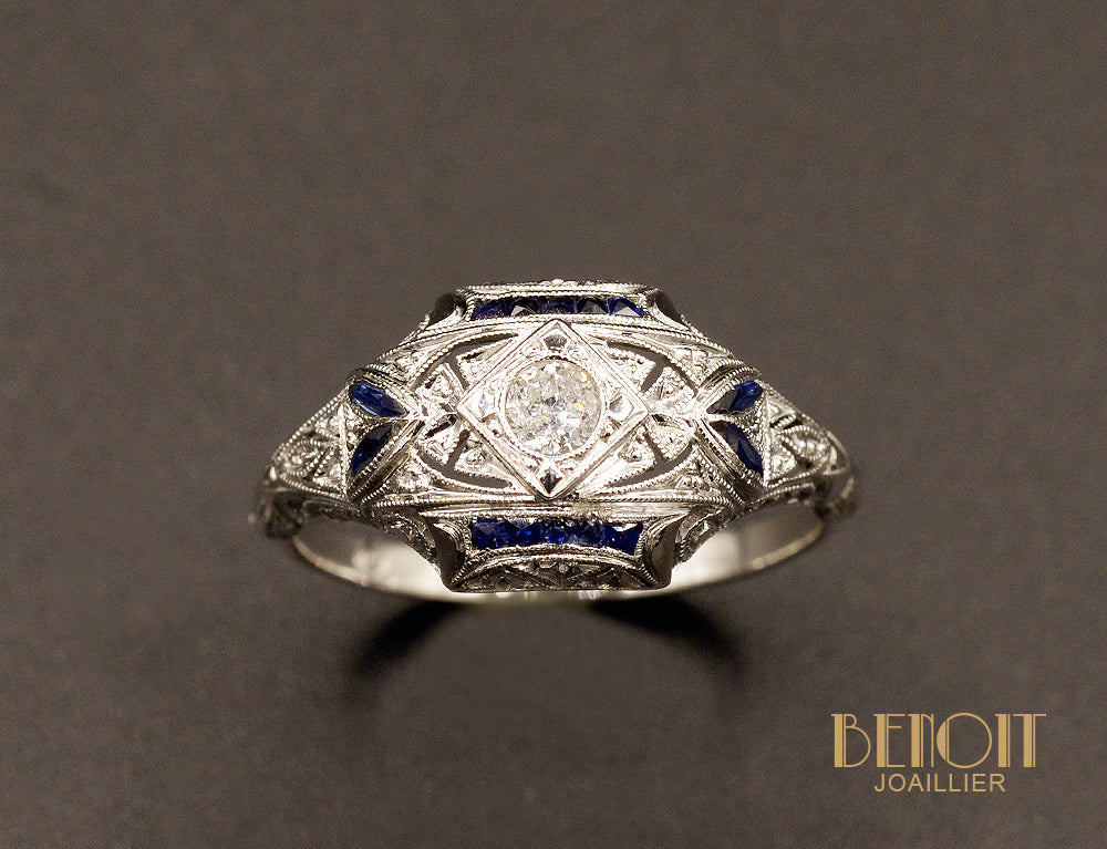 Bague Art Déco Platine Diamants et Saphirs - Image 2