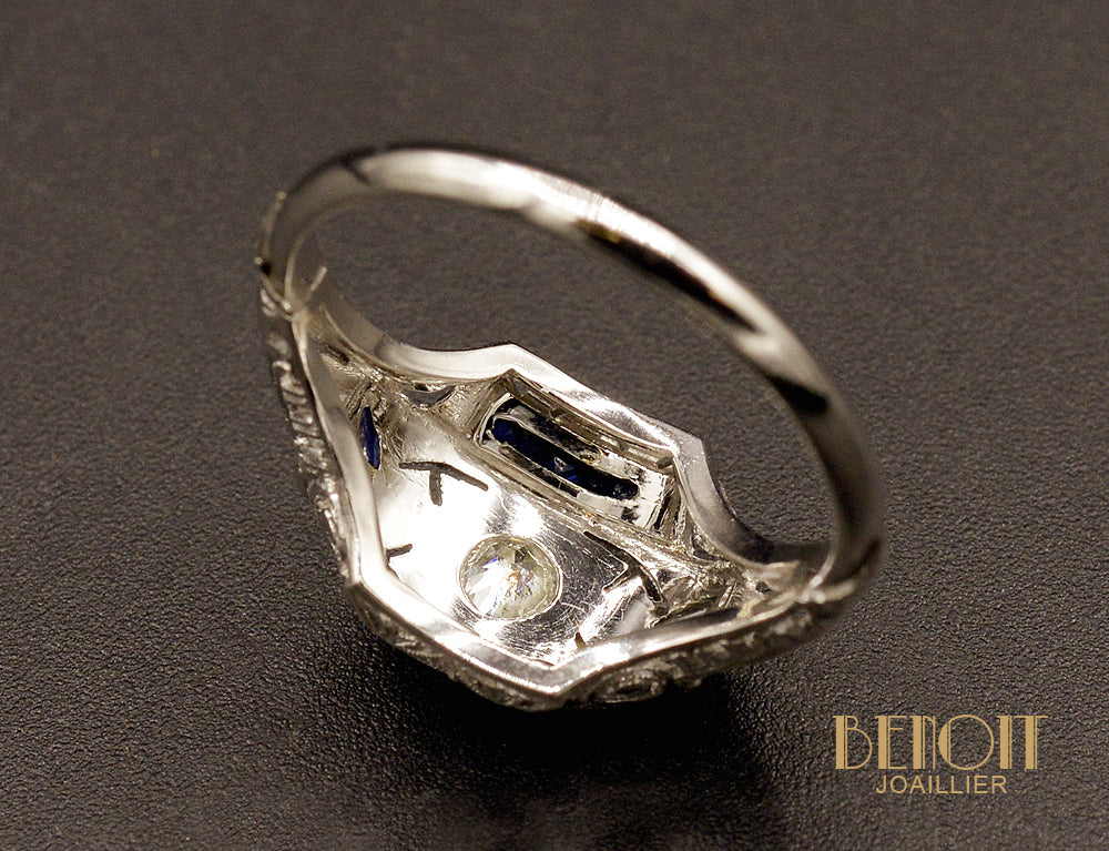 Bague Art Déco Platine Diamants et Saphirs - Image 5