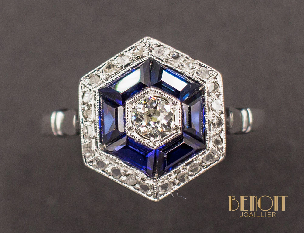 Bague Art Déco Saphirs Diamants - Image 3