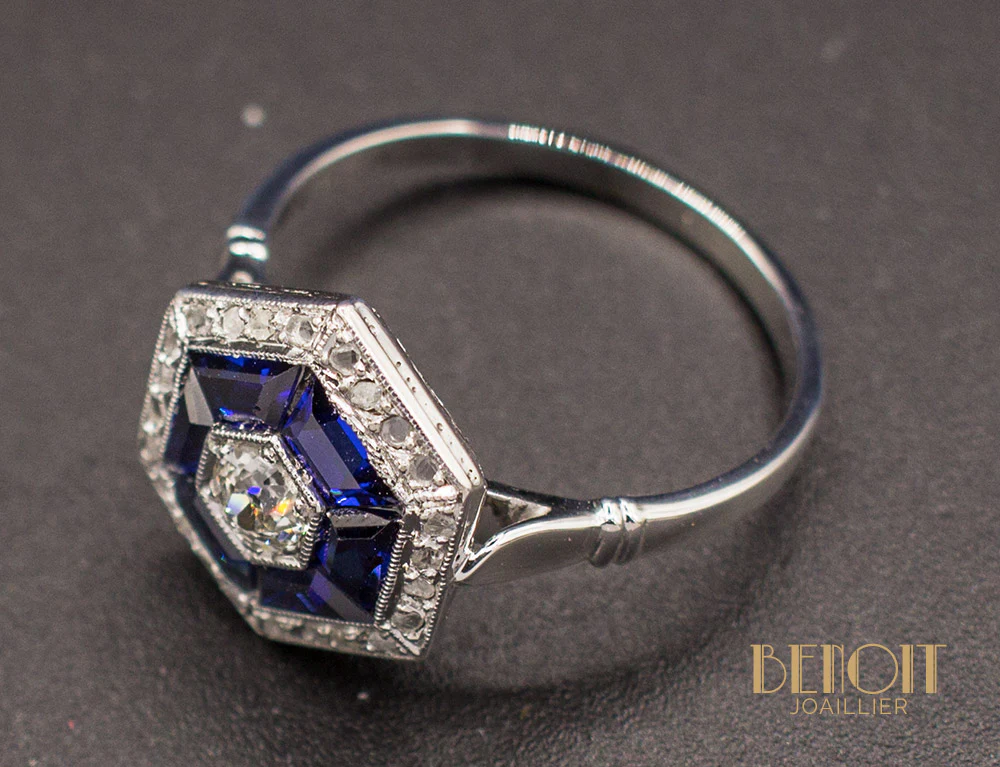 Bague Art Déco Saphirs Diamants - Image 4