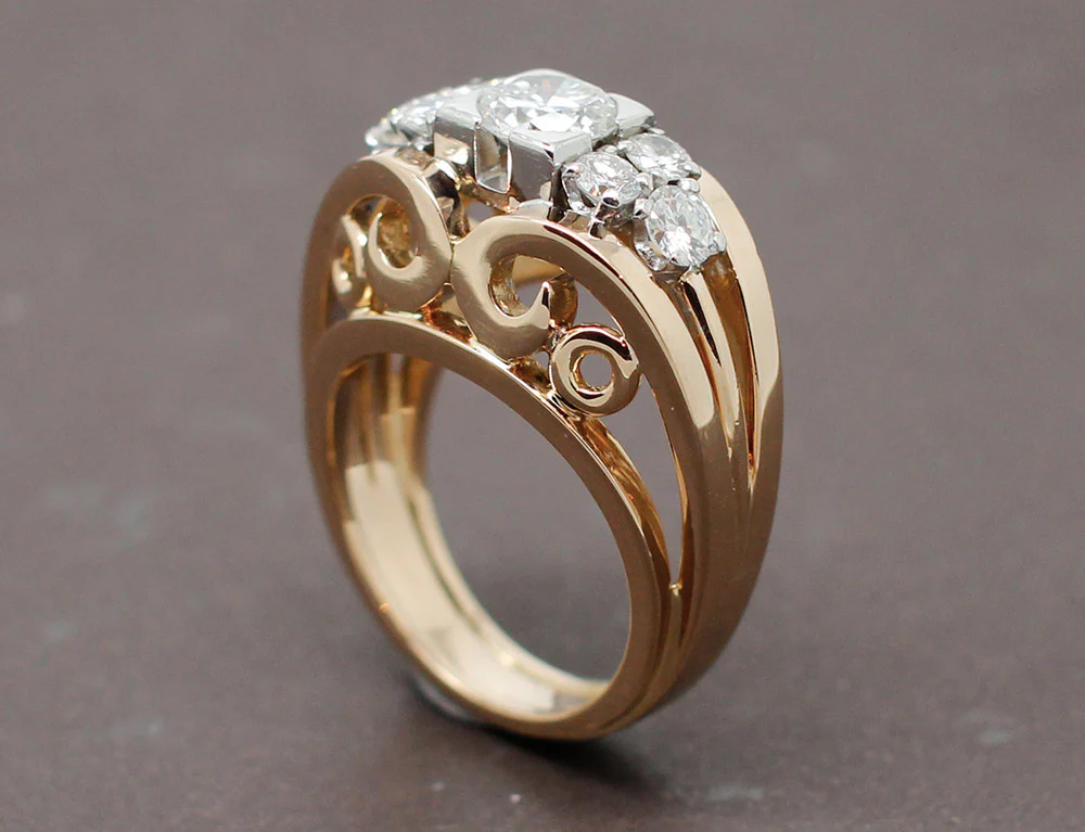 Bague Cocktail 1950 Or Jaune Diamants - Image 4