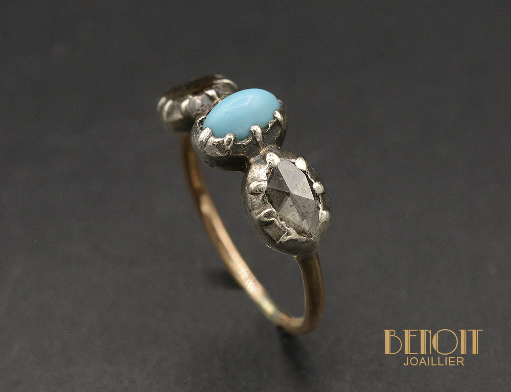 Bague Fin XVIIIe Turquoise et Diamants - Image 3
