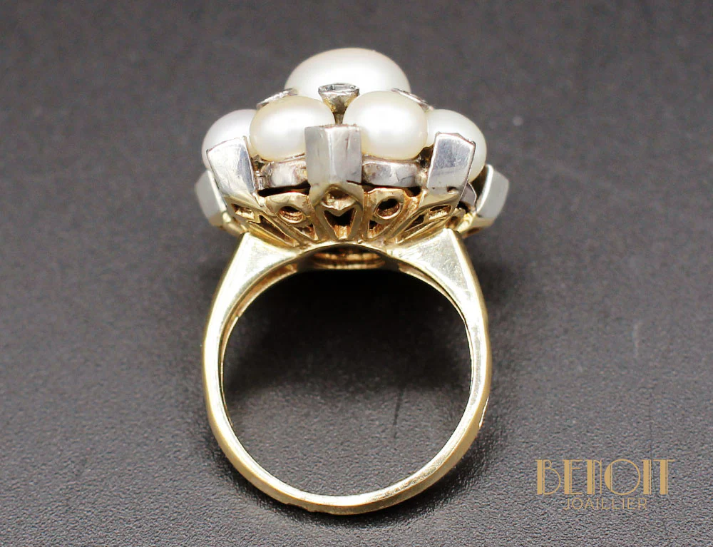 Bague Fleur Perles et Diamants - Image 3