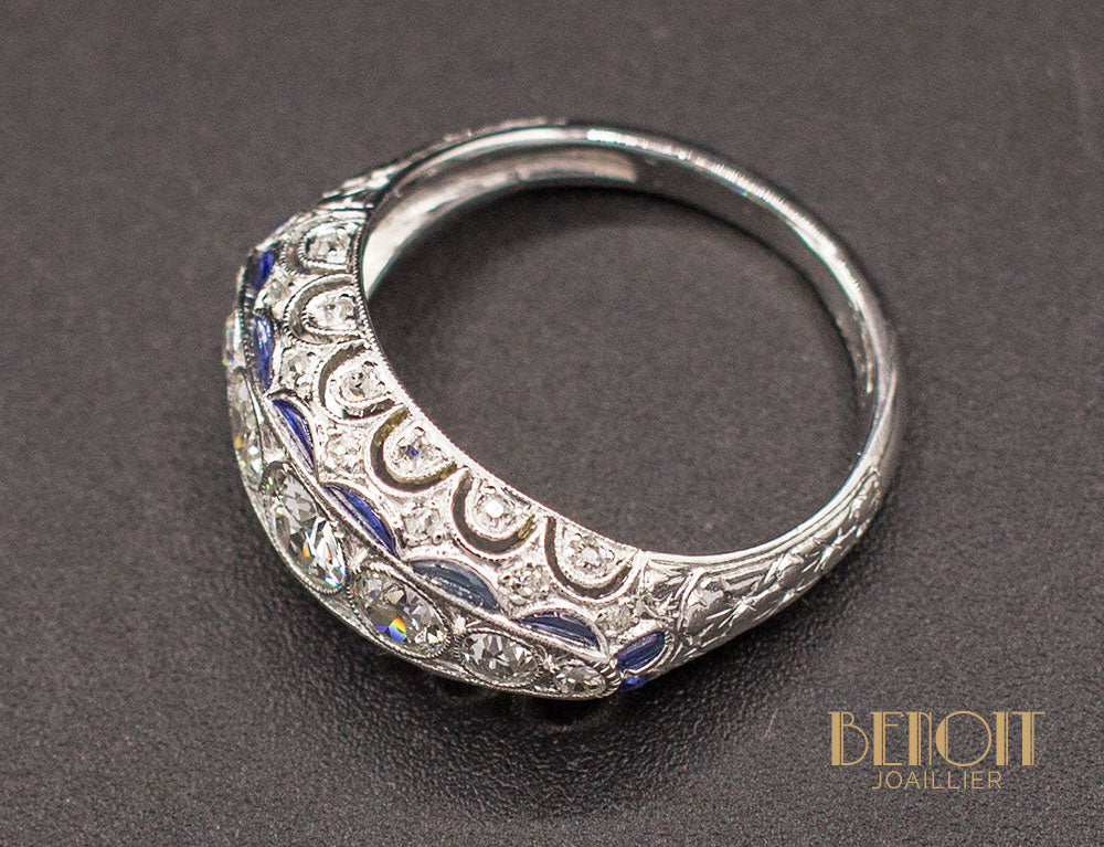 Bague Jarretière Art Déco Diamants Saphirs - Image 6