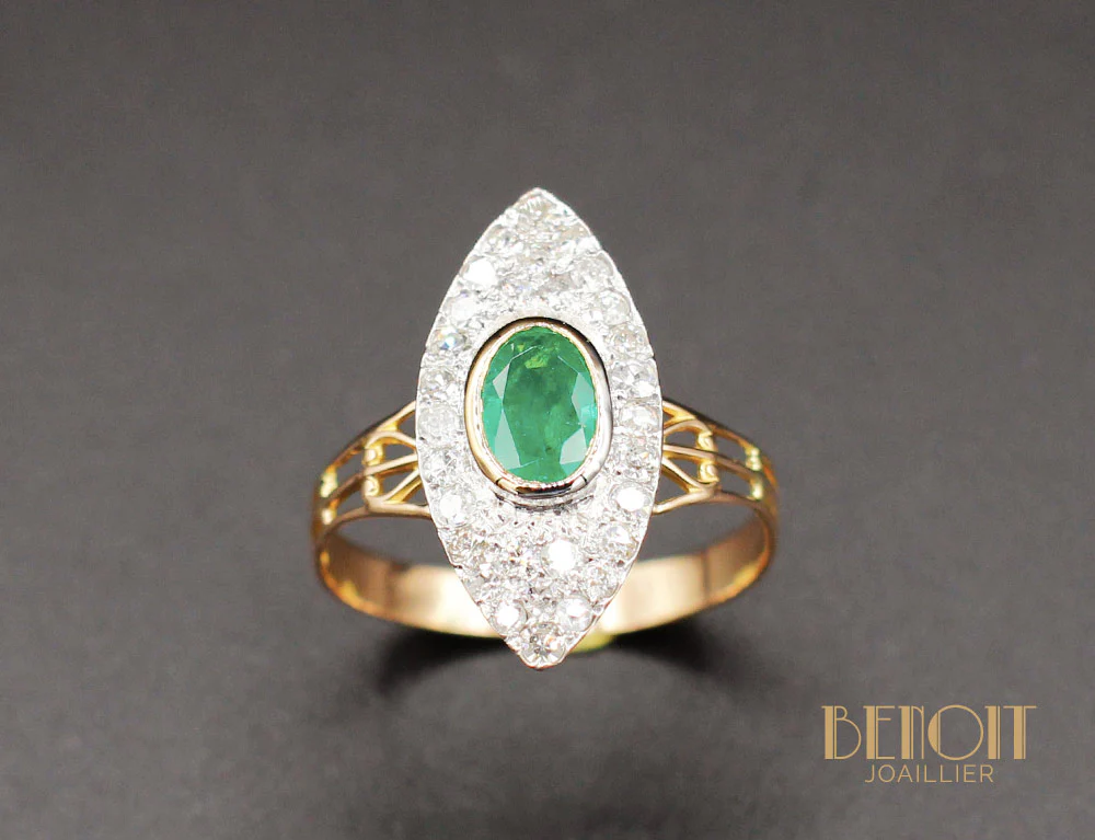 Bague Marquise Emeraude Diamants - Image 2