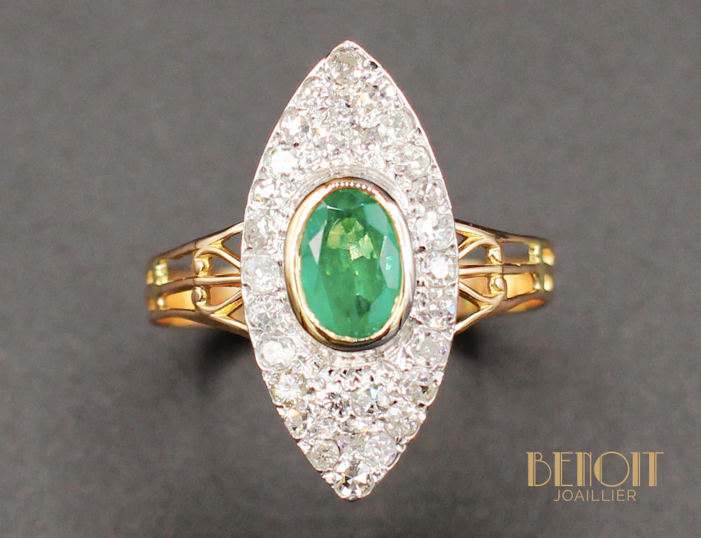 Bague Marquise Emeraude Diamants - Image 3