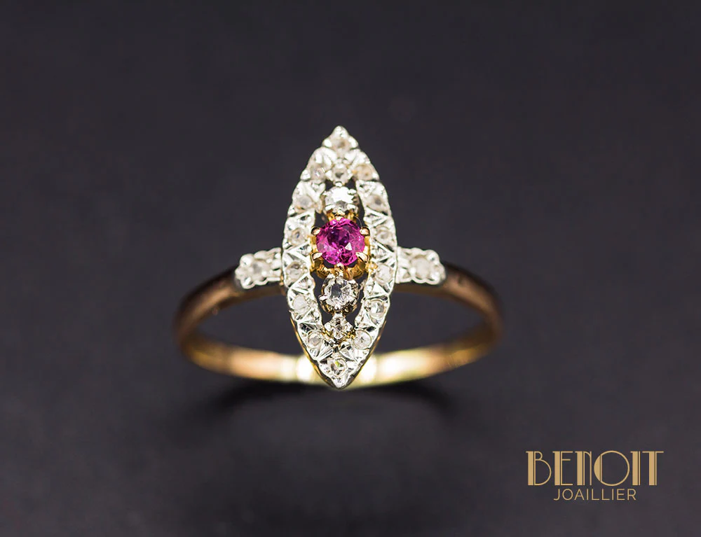 Bague Navette XIXe Diamants Rubis - Image 2