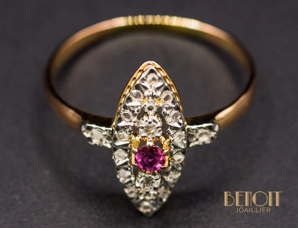 Bague Navette XIXe Diamants Rubis - Image 5