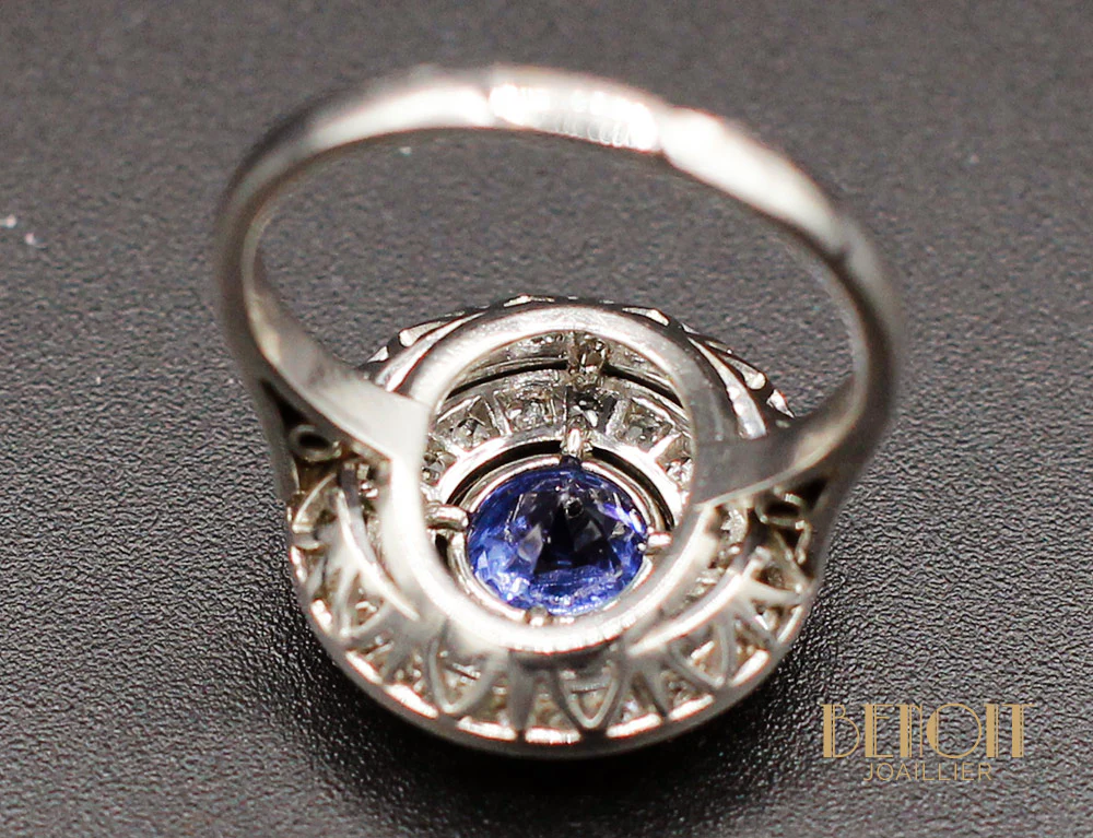 Bague Platine Saphir Double Entourage Diamants - Image 5