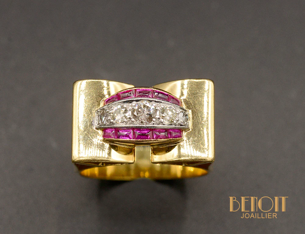 Bague Tank Or Jaune Diamants Rubis Verneuil - Image 2