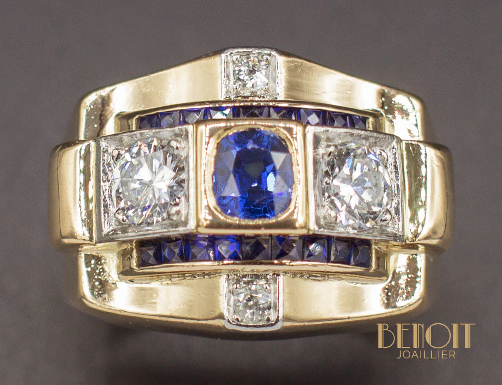 Bague Tank Or Jaune Saphirs et Diamants - Image 3