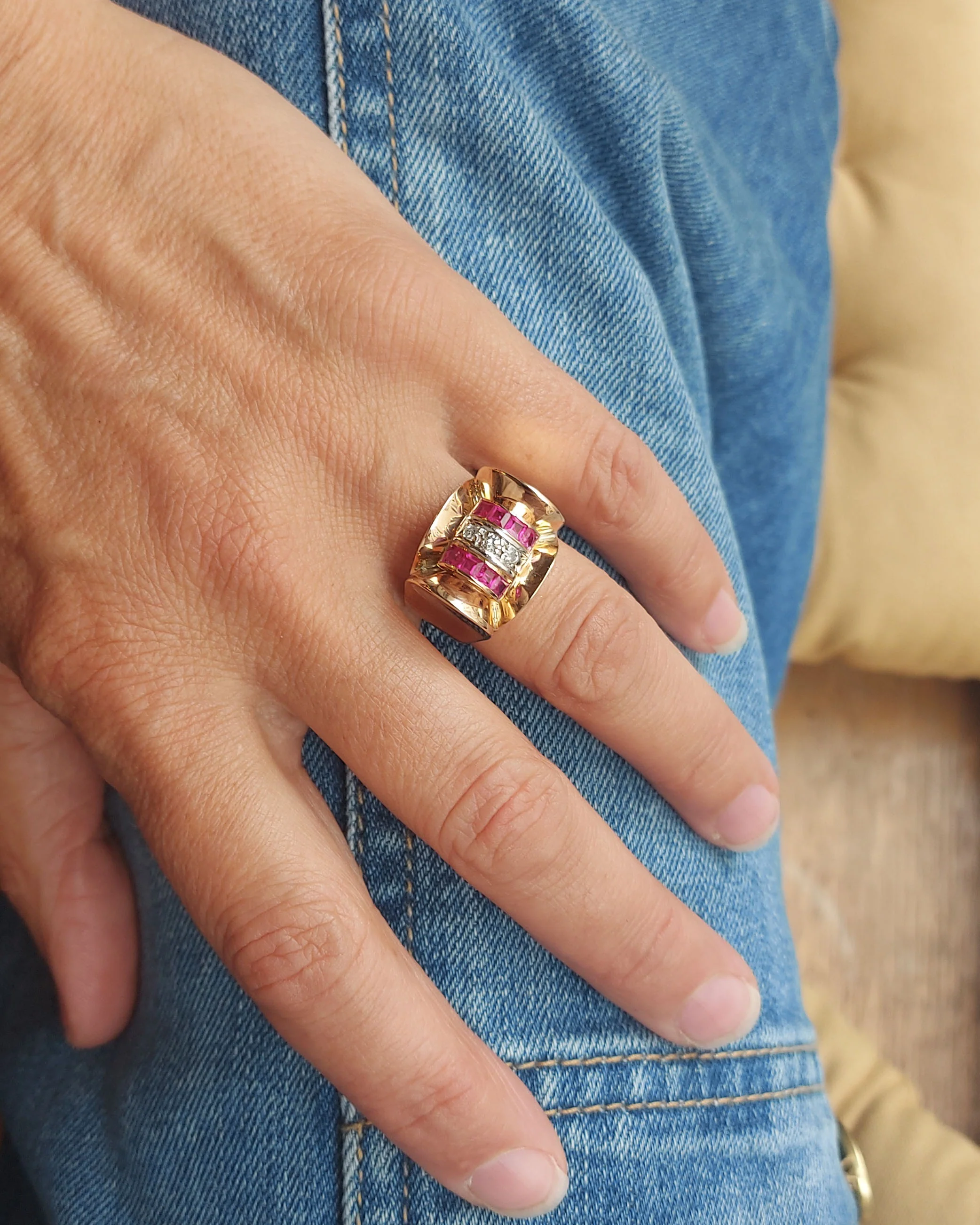 Bague Tank Or Rose Diamants et Rubis Verneuils - Image 2