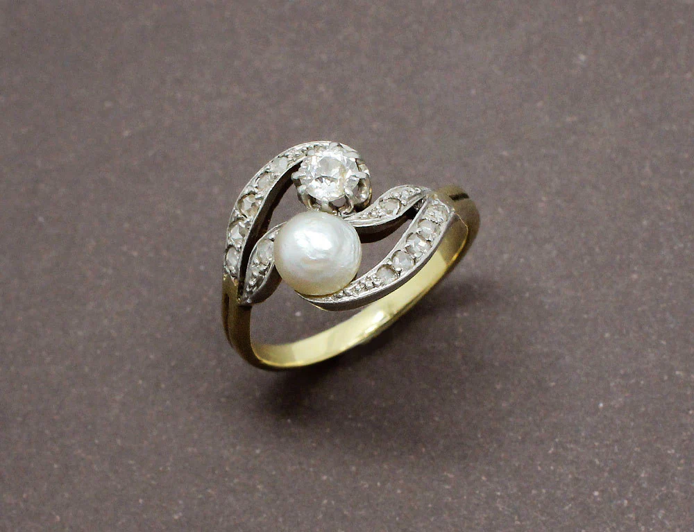 Bague Toi et Moi Ancien Perle et Diamant
