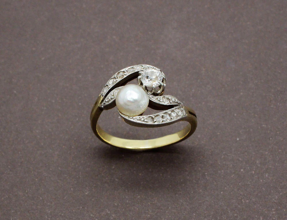 Bague Toi et Moi Ancien Perle et Diamant - Image 2