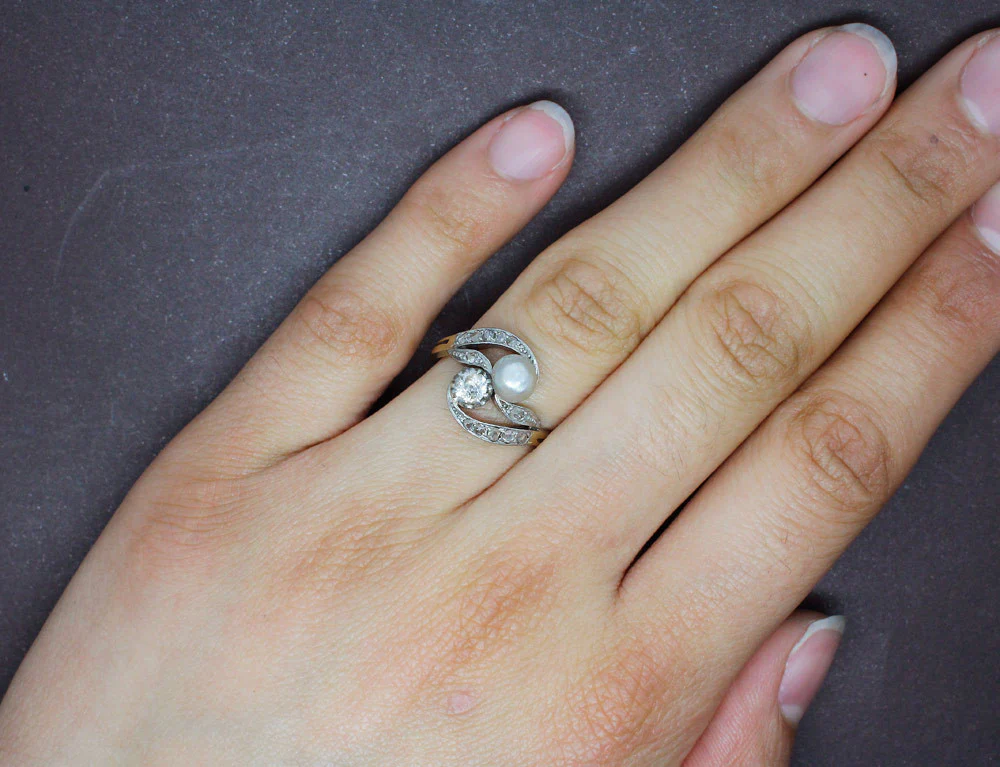 Bague Toi et Moi Ancien Perle et Diamant - Image 5