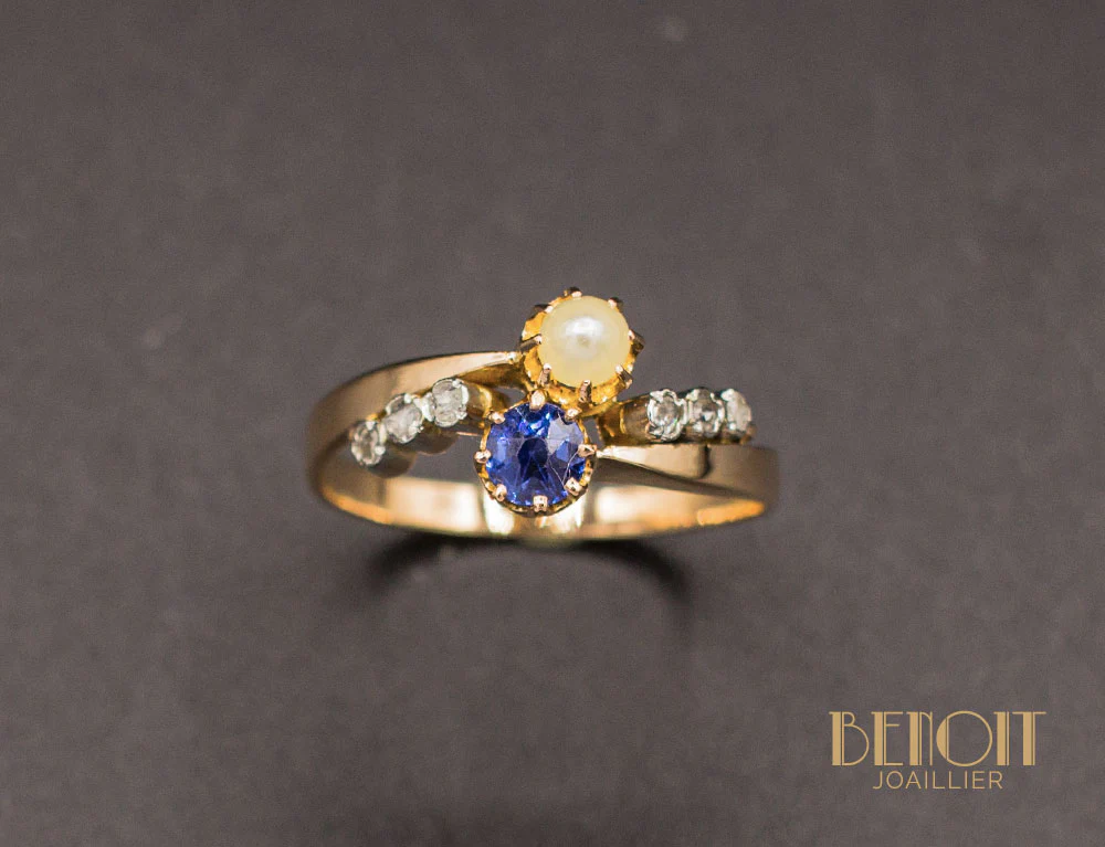 Bague Toi et Moi Perle Saphir XIXe - Image 2