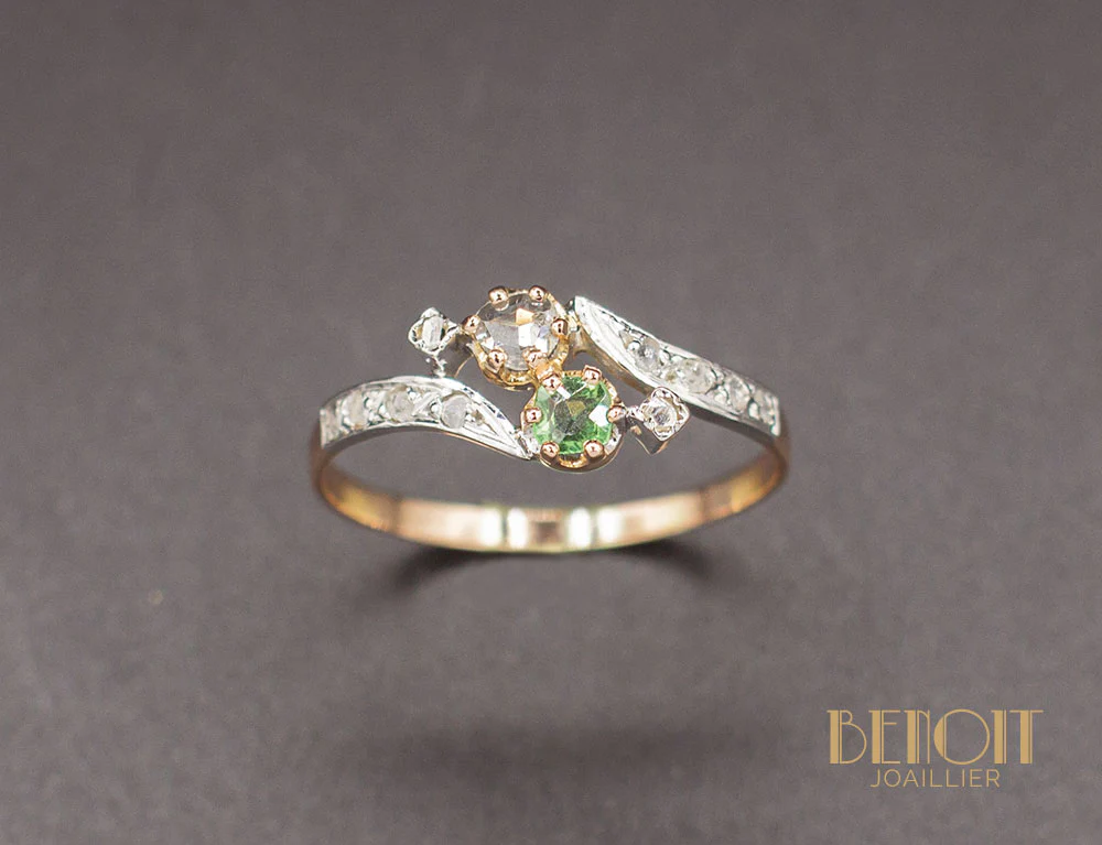 Bague Toi et Moi XIXe Tourmaline Diamant - Image 2