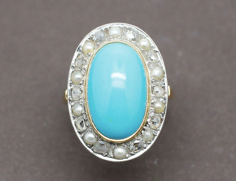 Bague Turquoise Diamants Perles - Image 3
