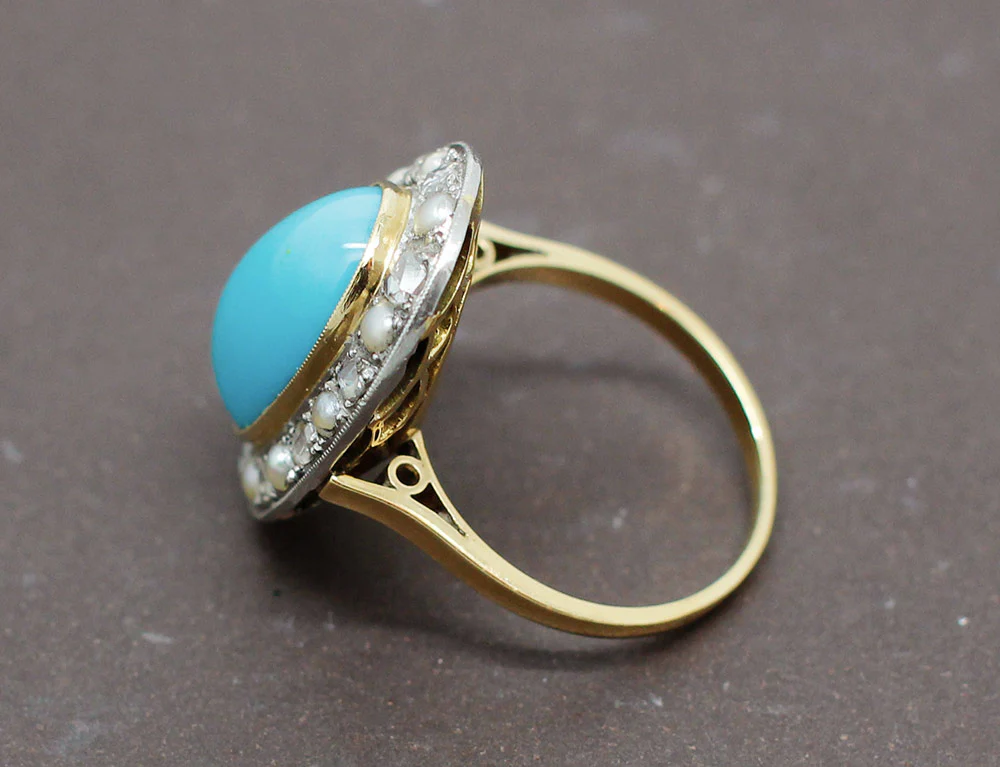Bague Turquoise Diamants Perles - Image 4