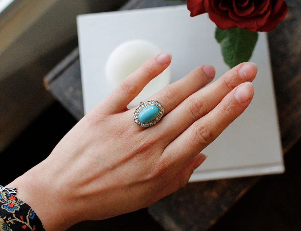 Bague Turquoise Diamants Perles - Image 6