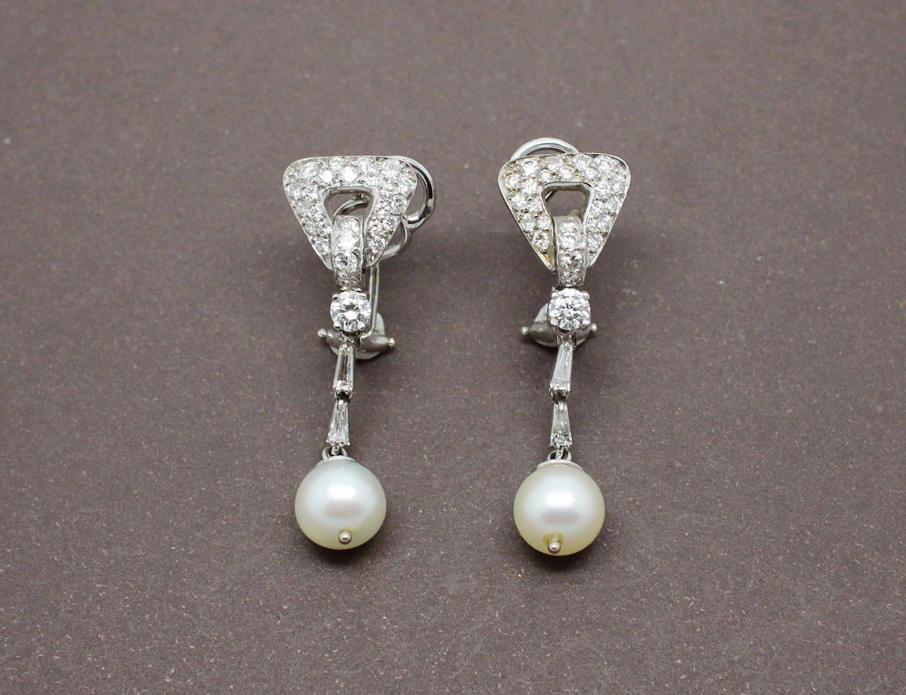 Boucles Art Déco Diamants Or et Perles