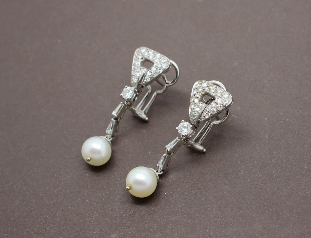 Boucles Art Déco Diamants Or et Perles - Image 2